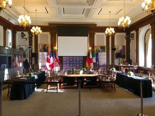 Historic council chamber, restored in place